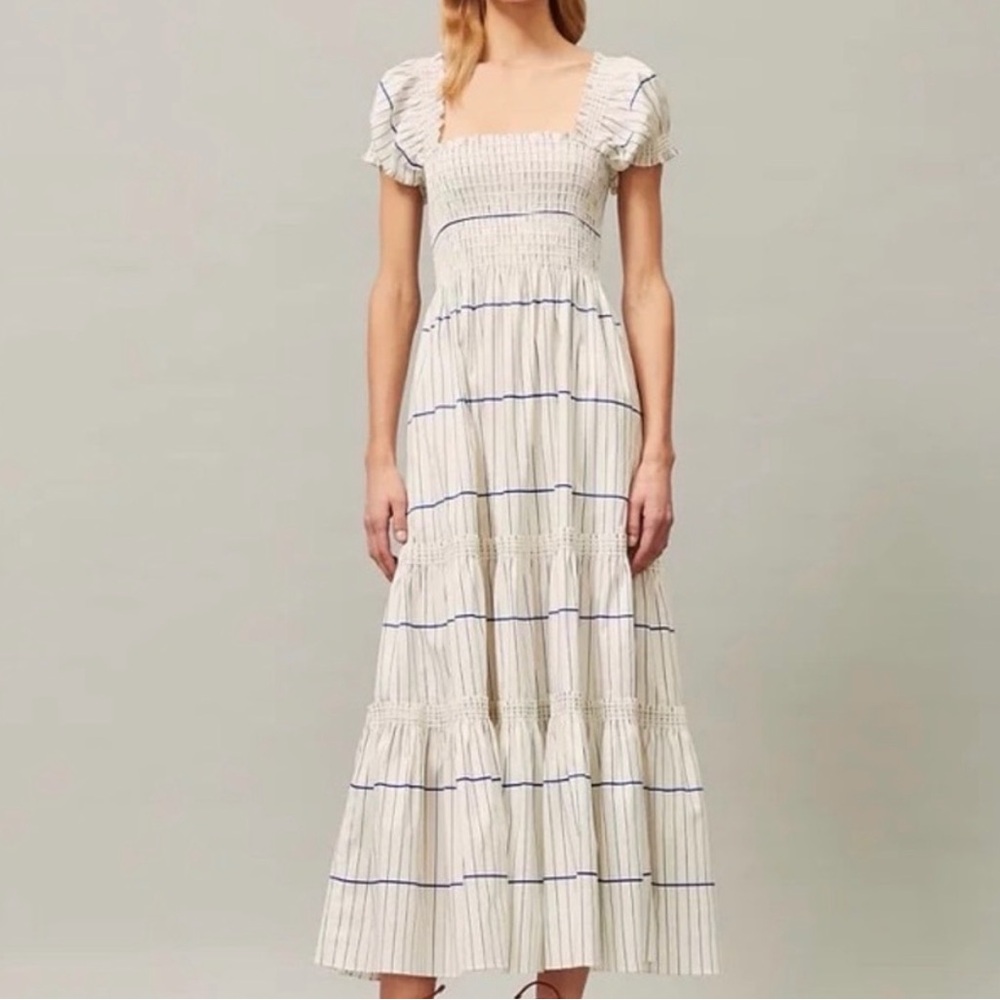 Tory Burch White and Blue Striped Midi Dress